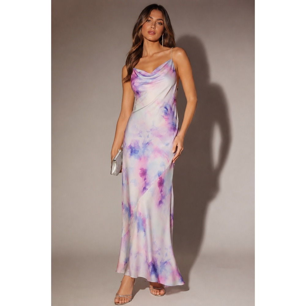 Aidan Mattox Water Color Bias Cowl Neck Maxi Dress 2 Prom Formal Whimsical Y2K